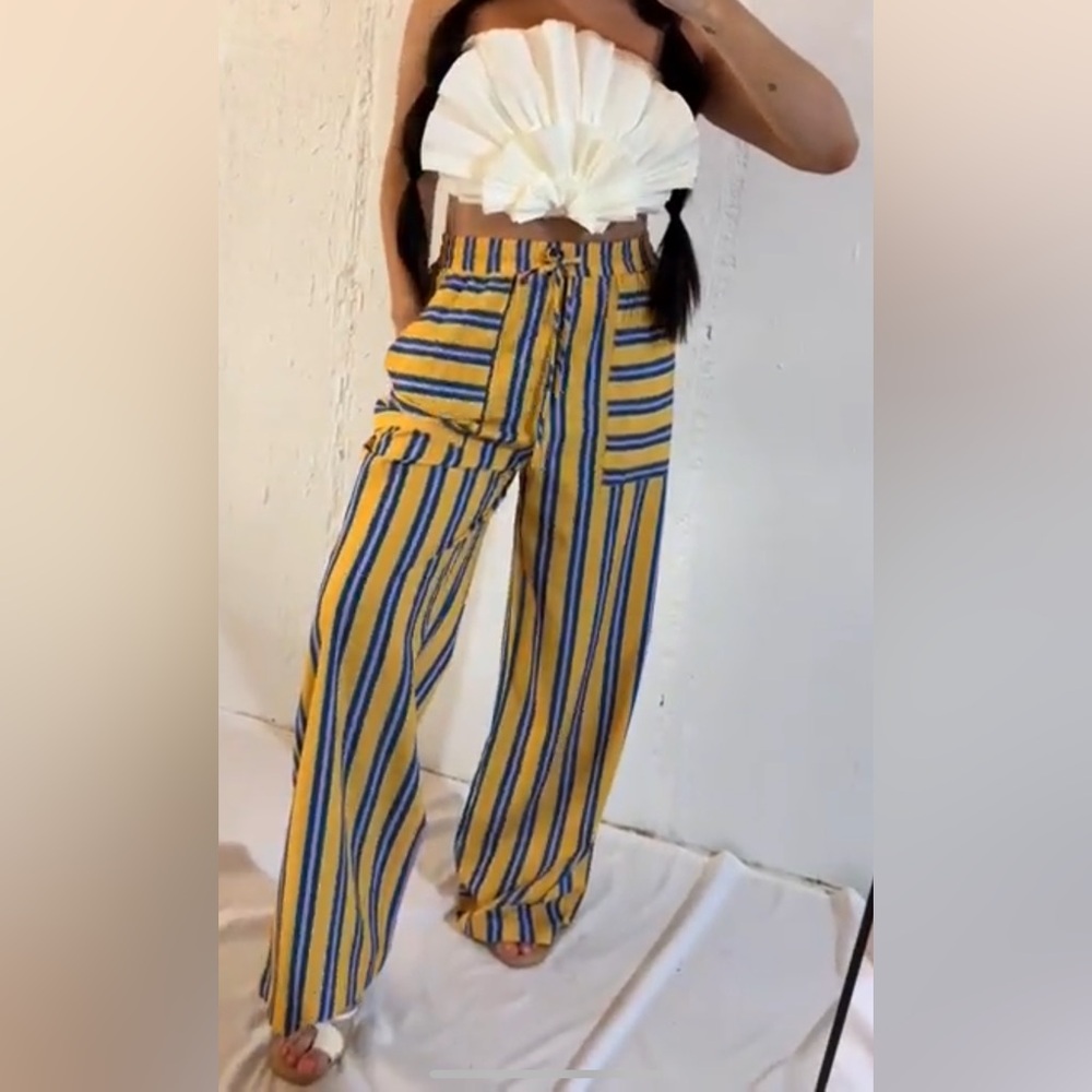 Amazon Yellow and Blue Striped Wide Leg Pants